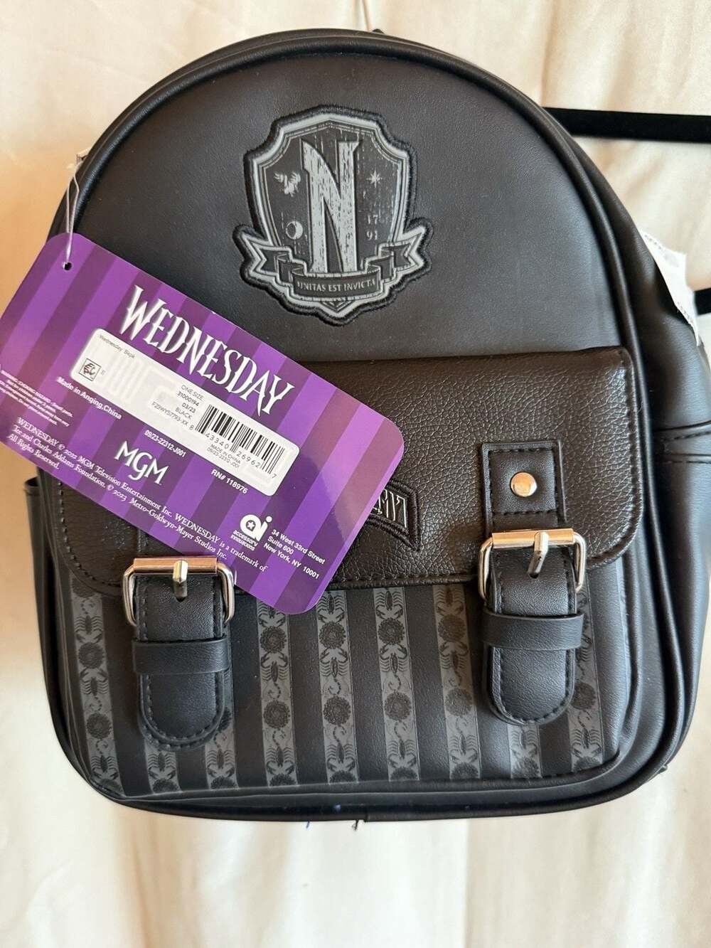 Wednesday Nevermore Academy Mini Backpack NWT Black Faux Leather Buckle Goth